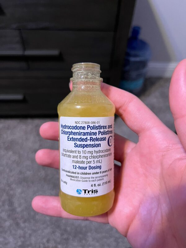 Tussionex hydrocodone polistirex and chlorpheniramine polistirex Extended Release oral suspension. Hydrocodone polistirex and chlorpheniramine polistirex ER oral suspension is indicated for relief of cough and upper respiratory symptoms associated with allergy or a cold in adults and children 6 years of age or older. Tussionex PennKinetic is an extended release oral suspension containing a combination of of chlorpheniramine and hydrocodone. Chlorpheniramine is an antihistamine that reduces the effects of natural chemical histamine in the body. Histamine can produce symptoms of sneezing, itching, watery eyes, and runny nose. Tris , codeine , Promethazine , Wock , WockHardt , Lean , Quagen , Akorn , Tussionex , Pai , Nostrum , Hitech , Quagmire , Alpharma , Codeinesyrup , coughsyrup , Trispharma , Tuzistra XR